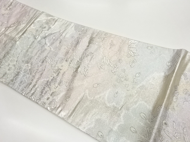 プラチナ箔孔雀羽根・花々模様織出し袋帯